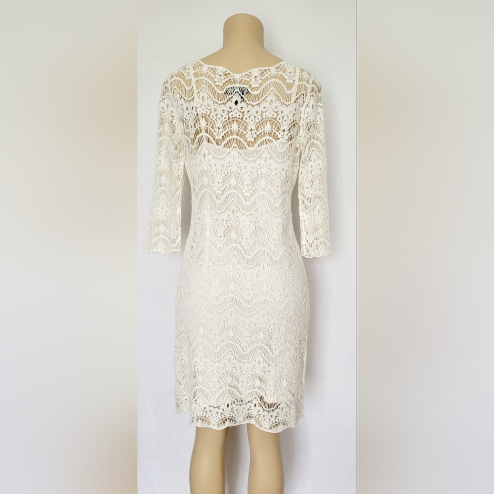 Ralph Lauren 100%Cotton White Crochet Sheath Dress 3/4 Sleeve Crew Neck Lined M - Picture 10 of 16